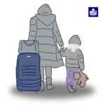 Люди з валізами, у правому верхньому куті знак легкого читання