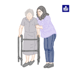 Одна людина допомагає іншій йти сходами, угорі праворуч знак легкого читання